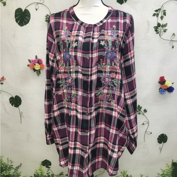 The Pioneer Woman Tops - Pioneer Woman Embroidered Flannel Long Sleeve Button Shirt Plum Combo XL
